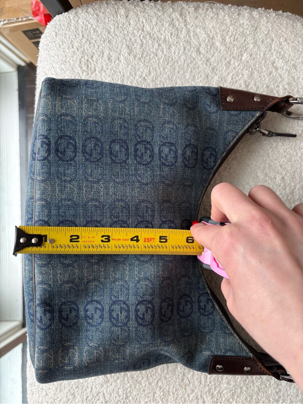 Gucci Blue Denim Monogram Shoulder Bag with Brown Leather Trim - Picture 11 of 12